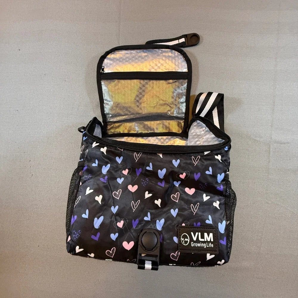 VLM Growing Life Insulated Lunch Bag Black Heart Print Buckle Closure Small